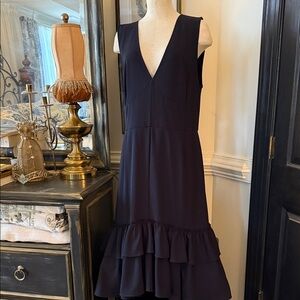 Tome NYC V-Neck Sleeveless Midi Dress with Tiered Ruffle Hem - Navy